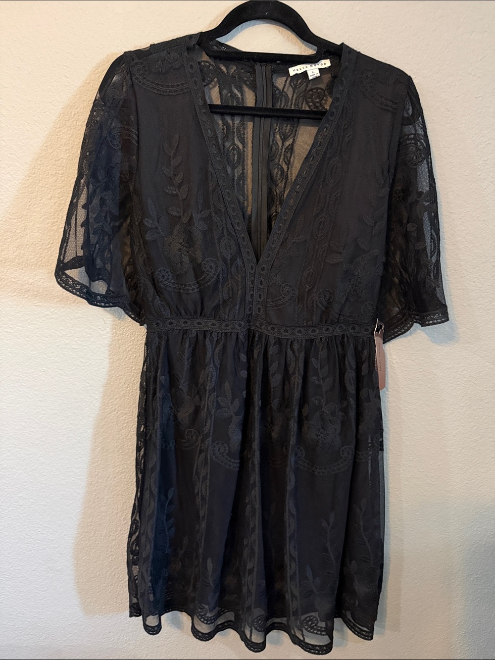 Haute Monde NWT Black Embroidered Lace Dress L Whimsy Goth